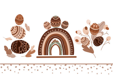 Easter set in boho style.A collection of decorative elements with eggs,rainbow and ornament .Happy Easter baner Vectorのイラスト素材