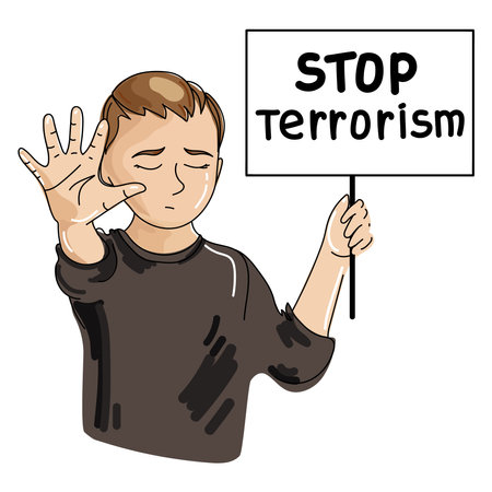 Little child boy with a banner, in his hand with the inscription Stop Terrorism vector illustration.NO terrorismのイラスト素材