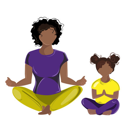 African American Mother and daughter doing yoga together in lotus position.Young woman meditating vector illustrationのイラスト素材