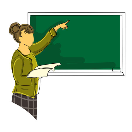 Female teacher or professor teaching math pointing at chalkboard vector isolated illustration.Female teacher at lessonのイラスト素材