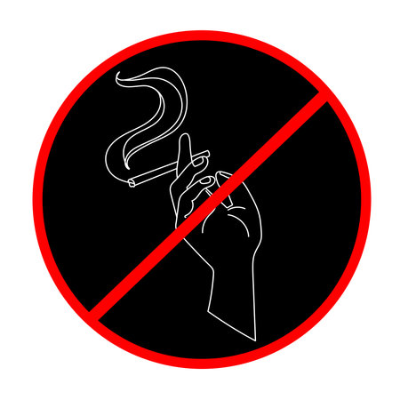 Hand with a cigarette red prohibition sign vector template.Hand with a smoking cigarette in a red circle on a black background.Line art drawing.Stop smoking sign.NO smokingのイラスト素材