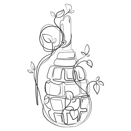 F 1 grenade with growing leaves and plants Line art drawing for print poster,t shirt design,tattoo idea vectorのイラスト素材