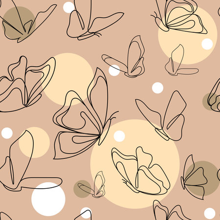 Flying butterflies line drawing on beige background with pastel circles vector illustration for fashion printのイラスト素材