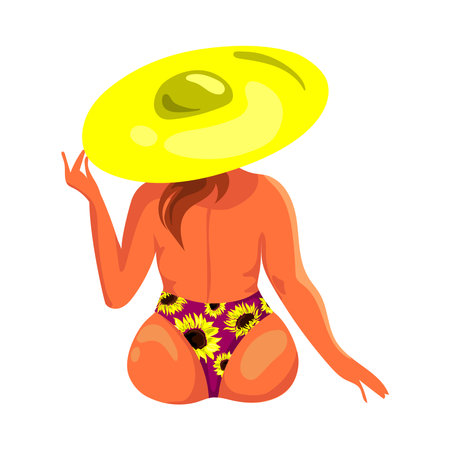 Beautiful plump woman in a hat sits topless on the beach.back view.Plus size young girl in a bikini .Vector illustrationのイラスト素材