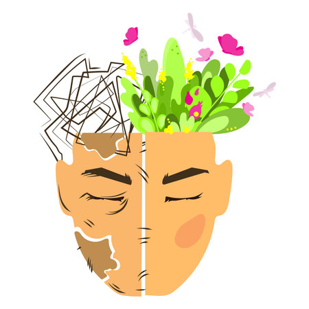 Mental health concept.Metaphor of bipolar mental disorder.harmonious mood and disorder.vectorのイラスト素材