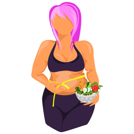 Fat woman measuring herself with a tape and holding a bowl of salad.Positive Overweight woman.Vectorのイラスト素材