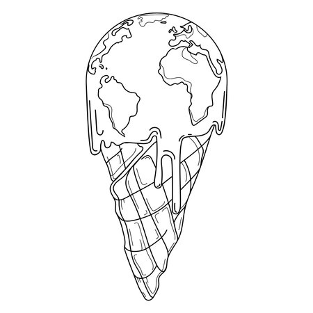 Climate change and global warming concept. Planet Earth in a waffle cone.Vector illustration in a linear styleのイラスト素材