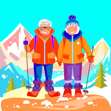 Active mature couple skiing and traveling at a winter resort. Vector flat illustrationのイラスト素材