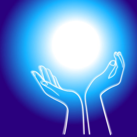 World Kindness Day poster,banner,logo design. Open cupped hands on blue vector illustration.のイラスト素材
