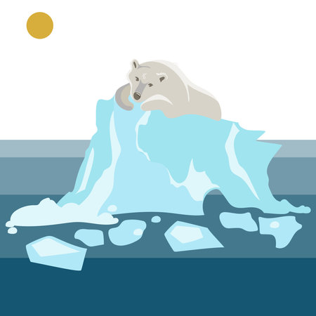 Global warming and melting glaciers concept. A polar bear lies on a glacier Vector illustration.のイラスト素材
