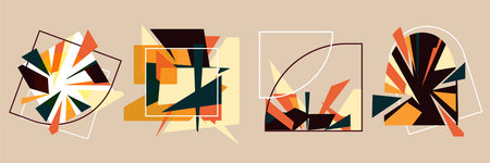 Abstract compositions set for poster, various uses. Chaotic compositions with sharp fragments vector illustrationのイラスト素材