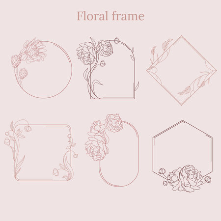 Elegant floral frames set.Vector Hand drawn frames with peonies and protea flowers and leaves, design templates lineのイラスト素材