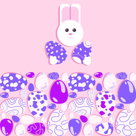 Easter modern illustration. Cute bunny with Easter eggs in his paws in a simple style and seamless patternのイラスト素材