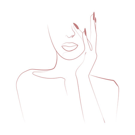 Modern abstract line minimalistic women face with hand. Line art poster, design element.One line art. Vectorのイラスト素材