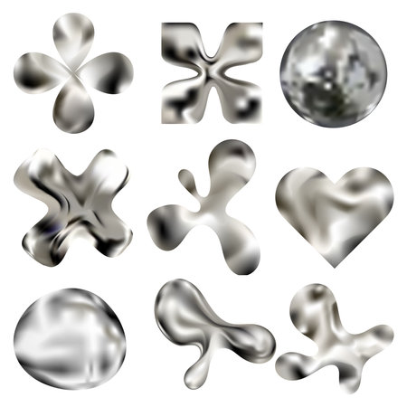 3d chrome glossy abstract shapes set. Liquid metallic different forms isolated on a white background.Vector designのイラスト素材