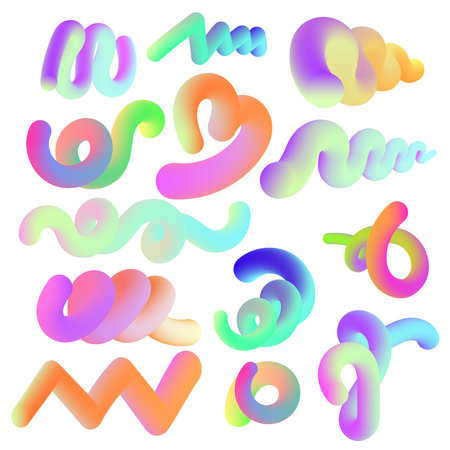 Fluid gradient blend curve.Smooth abstract shapes with vibrant gradients set of elements for designs.Bright 3D flow lines and curls with colorful gradients.Fluid design elements.Vector illustrationのイラスト素材