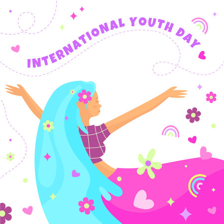 International Youth Day design. Modern Cheerful young girl with blue long hair with abstract flowers, stars has funのイラスト素材