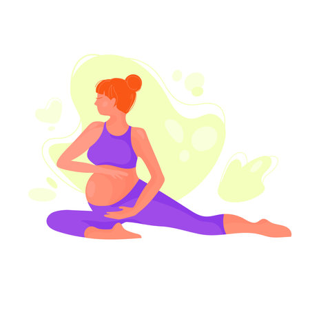 Young pregnant woman in sportswear does exercises. Happy pregnancy concept.Modern vector flat illustrationのイラスト素材