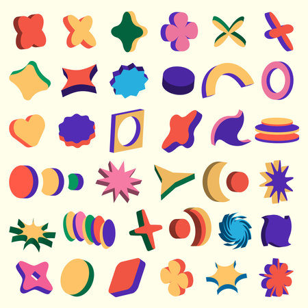 Retro brutalism style Abstract isometric shapes set.Volumetric geometric object collection. Vintage elements.Vectorのイラスト素材