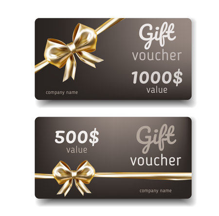 Gift Voucher with golden realistic bow and ribbon set.のイラスト素材