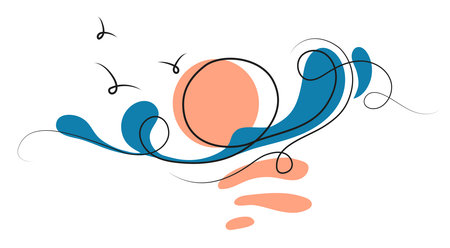 Sun and waves Abstract minimalistic line drawing. Seascape abstract art. Vector illustrationのイラスト素材