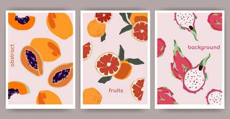 Modern Abstract fruit posters template set in Minimal style. Hand drawn Fruits abstract elements.Vectorのイラスト素材