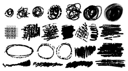 Crayons or Charcoal pencil black doodles hand drawn set.Scribble brush strokes,swirl,vector illustrationのイラスト素材