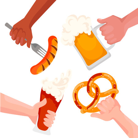 Hands holding Beer Mug, glass and snacks. German sausages with pretzels in hands, design elements for the Beer Festivalのイラスト素材