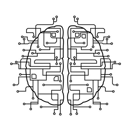 Artificial intelligence brain with chips and circuits linear drawing.のイラスト素材