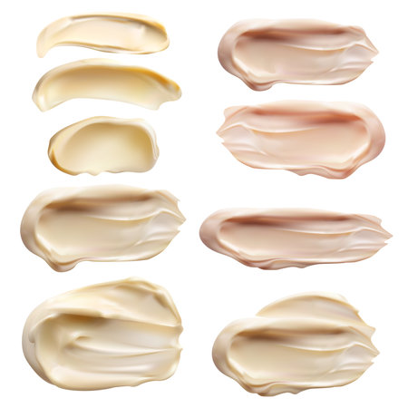 Realistic cream texture smears beige nude colors Vector set. Realistic 3D texture cosmetic spot. Cream dropsのイラスト素材