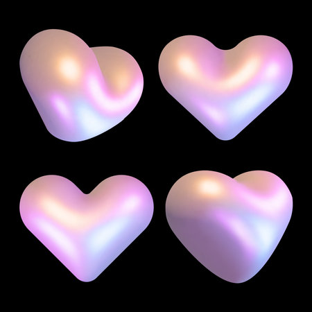 Glossy 3D Heart in different positions holographic colors.Vector realistic Clipart 3Dのイラスト素材