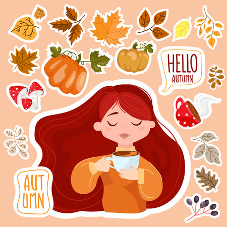 Autumn stickers collection with seasonal with pumpkins, different leaves and berries, mushrooms and hot drinks,Girl in a sweater drinking hot tea.Autumn cozy harvest clipart elements Hand drawn.Vectorのイラスト素材