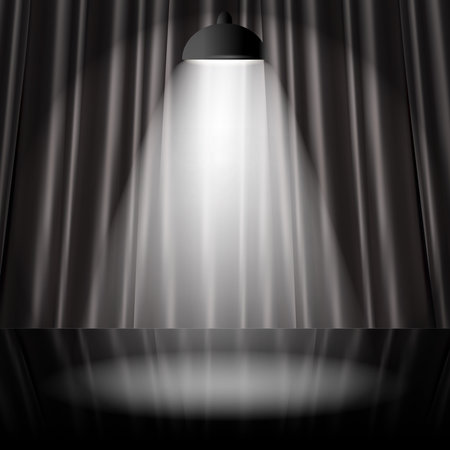 Stage with black curtains and one spotlight shining on glossy floor. Spotlight on dark stage 3d illustration. Realistic spot light shines from lamp on stage background. Vector illustrationのイラスト素材