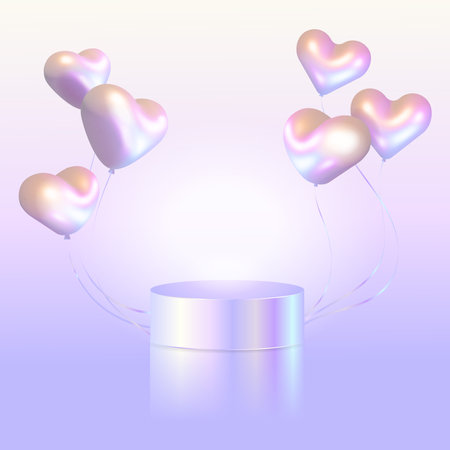 Abstract 3D room with realistic hologram color cylinder podium with heart shapes and balloons. Vector illustrationのイラスト素材