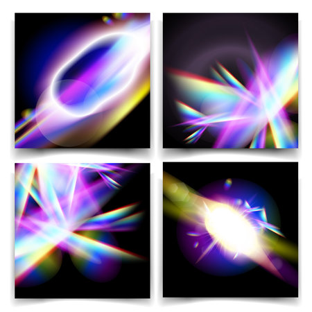 Creative Abstract rainbow refraction glow with overlay effect on black background templates set.Vector illustrationのイラスト素材