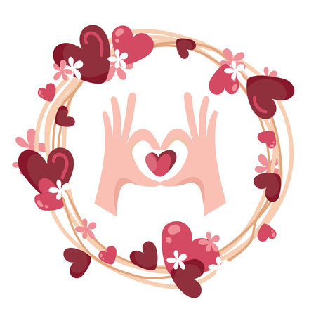 Romantic illustration featuring hands forming a heart inside a floral wreath.Vectorのイラスト素材