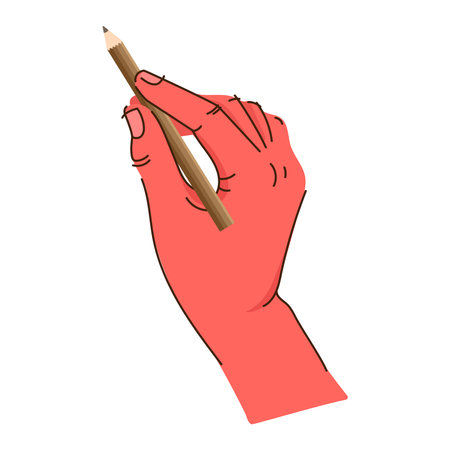 Stylized Human Hand holding a wooden pencil in a writing position on white background.Vector illustration.のイラスト素材
