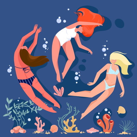 Women swimming underwater in the ocean with corals and shells. Vector illustration iのイラスト素材