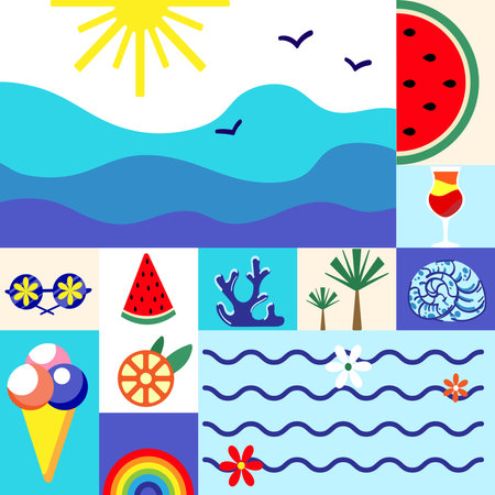 Colorful flat style summer collage with ocean waves sun tropical fruits