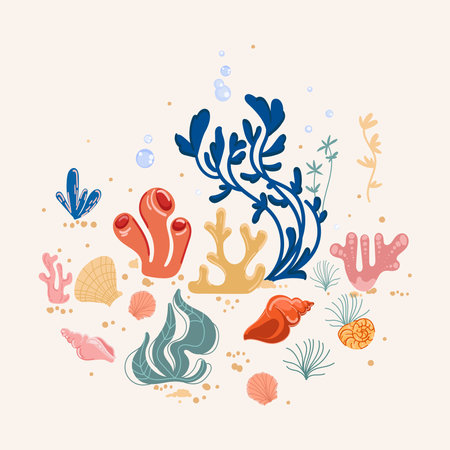 Ocean Floor Vector with Coral Reefs and Seashellsのイラスト素材