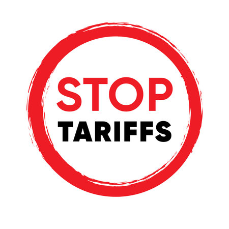 Stop Tariffs Protest Symbol in Red Circle.Anti Tariff Campaign Sign with Bold Typography. Vector Illustrationのイラスト素材