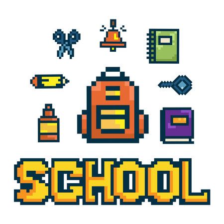 Pixel Art School Supplies Set with Backpack and Books.Vector illustrationのイラスト素材