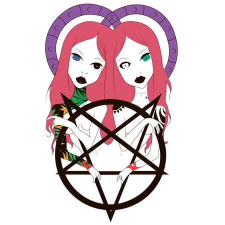 Siamese twins with pentagram drawing in colorのイラスト素材