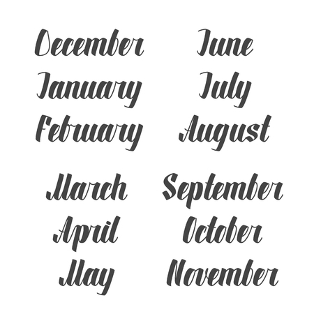 Handwritten set of names of 12 months - December, January, February, March, April, May, June, July, August, September, October, November. Stationery Design. Vector illustration. Objects isolated on white background.のイラスト素材