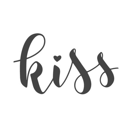 Vector Illustration. Handwritten Lettering of Kiss. Template for Banner, Card, Label, Postcard, Poster, Sticker, Print or Web Product. Objects Isolated on White Background.のイラスト素材