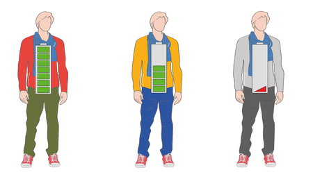 Silhouettes of young people. Energy in the form of a discharging battery. Vector illustration.のイラスト素材