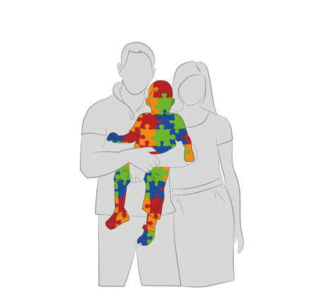 Silhouettes of parents keep a child on the autism background symbol. The concept of treating autism. Vector illustration.のイラスト素材