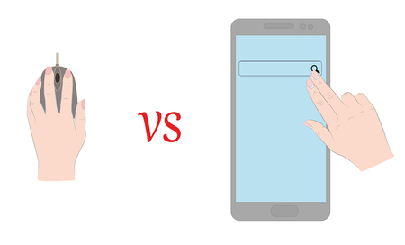 Search on the computer mouse, against a search on your mobile device by hand. Vector illustration.のイラスト素材