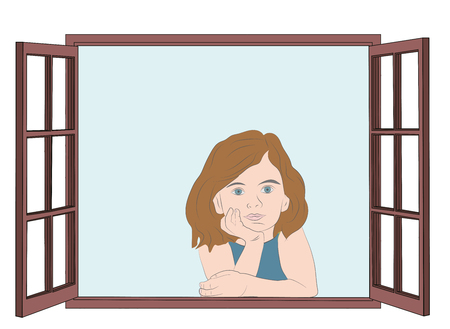 Girl looking out the window. Vector illustration.のイラスト素材