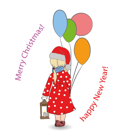 Girl with balloons and Christmas hat vector illustration.のイラスト素材